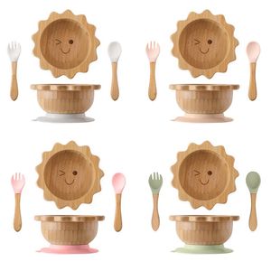 Set da tavola in legno per bambini Sun Piatto in bambù Ciotola Manico in silicone Forchetta Cucchiaio per alimenti nati 240131