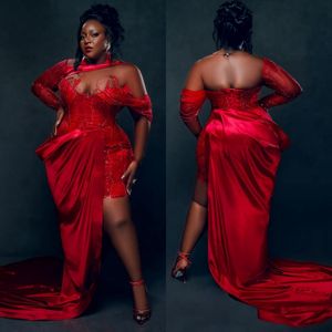 Plus Size Aso Ebi Vestidos de baile curtos com cauda destacável Mangas compridas Vestido de noite para mulheres negras Meninas Roupa de renda frisada Segunda recepção Vestidos de aniversário NL514