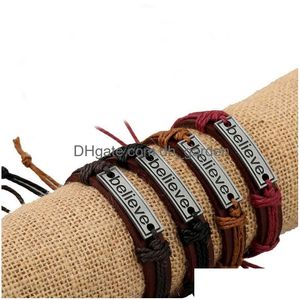 Charm Bracelets Believe Id Tag String Adjustable Leather Bracelet Wristband Bangle Cuff For Women Men Fashion Jewelry Will And Sandy Dhceq