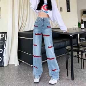 Designer-Damenjeans, trendige 2024 Frühjahr/Sommer neue, personalisierte, beflockte, bestickte Buchstaben-Jeans mit hohem Bund und geradem Bein in Übergröße S-XXXXXL