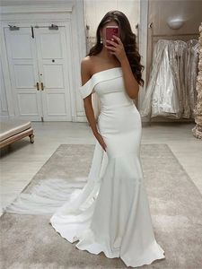 Ivory Bridal Gowns White Wedding Dresses Formal Sleeveless Sweep Train Custom Zipper Lace Up Backless Plus Size New Trumpet Mermaid Off-Shoulder Elastic Satin