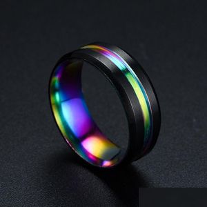 Band Rings Black Blue Rainbow Groove Ring Finger Stainless Steel Contrast Color For Women Men Fashion Jewelry Will And Sandy Drop Del Dhdrf