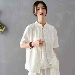 Kvinnors blusar Johnature Women Chinese Style Shirts Cotton Linen Solid Color 2024 Summer Stand Short Sleeve Button Vintage