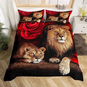 Conjuntos de cama Lion Rose Duvet Cover Set Full Size Animal Floral Consolador Natureza Tema Design Modern Brown Quilt