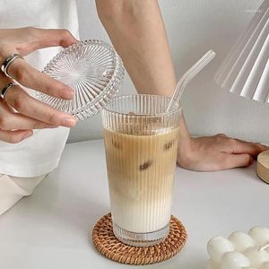 Bicchieri da vino Tazza di paglia di vetro trasparente resistente al calore a strisce verticali Caffè al latte unico con coperchio Moka Forniture da cucina per la casa