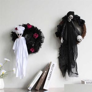 Dekorative Blumen Kränze Halloween Schwarz Weiß Geist Tür Hängen Festival Horror Party Kranz Kopf Ornamente Spukhaus Deco Dhts0