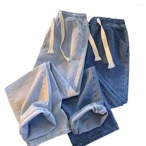 Jeans da uomo Pantaloni in denim a gamba larga con vita elastica per pantaloni con coulisse con tasche A