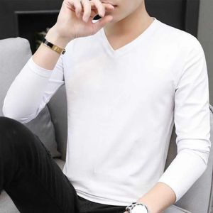 Mens Autumn Winter Ice Silk Long Sleeve TShirt Pure Color VNeck Undershirt White Clothes Trendy Inner Top Bottoming Shirt 240130