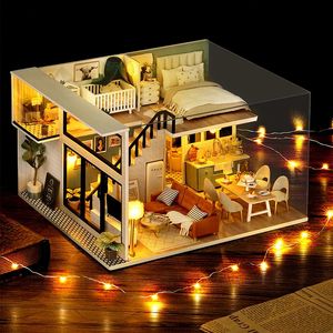 DIY Dollhouse Wood Doll House Miniature with Furniture Kit Casa Music Led Toys for Children Födelsedagspresenter L031 240202