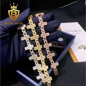 New Custom Hiphop Bracelet Sterling 925 Silver Cross Design Baguette Moissanite Diamond Ice Out Cuban Link Chain Bracelet