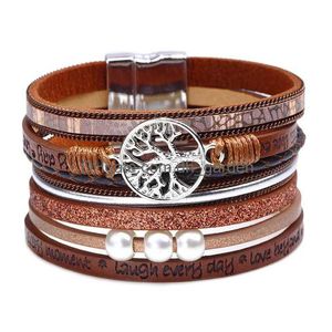 Charme pulseiras mtilayer árvore da vida rir todos os dias pulseira magnética fivela de couro mulheres pulseira punhos e areia moda dh3vf