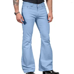 Calças de brim masculinas macio confortável retro calças vintage bell bottom perna larga cor sólida elástico fino ajuste mid-rise para moda