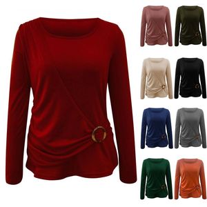 Women's T Shirts Spring And Autumn Round Collar Waist Fashion Long Sleeved Top Size Small Womens Tops