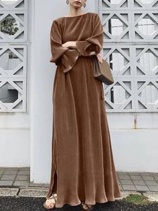 Abiti casual Eid Mubarek Moda donna Manica lunga Caftano Abito musulmano Vintage Hijab Robe Femme Solid Abaya Maxi Vestito estivo