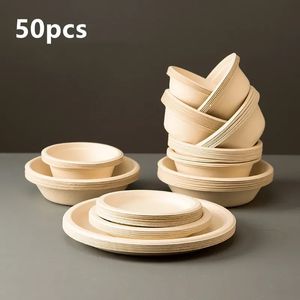 50pcs Degradable Disposable Plates Company Family Gathering Dinner Plate and Bowl Thickened Paper Tableware Kitchen Accessories 240122