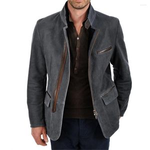 Men's Jackets Fashion Men Vintage Stand Collar Suede Blazer Side Zip Contrast Leather Webbing Medium Length Jacket Coats For Man