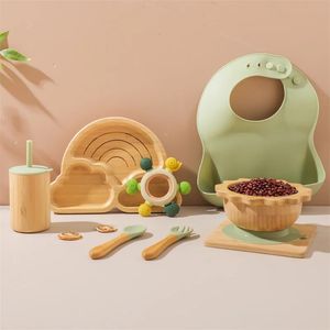 Baby Bamboo Wooden Tableware Set Clouds Dinner Plate Sun Bowl With Silicone Suction Fork Spoon Cup Dinnerware Feeding Gift 240131