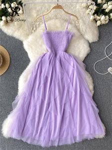 Casual Dresses Singreiny Women Strap Mesh Beach Dress Sleeveless Ruched Elastic midja rygglös sundress koreanska söta rufsar en linje lång