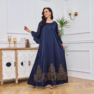 Abbigliamento etnico Abiti da sera arabi Dubai Eleganti Abaya turchi blu scuro Diamanti femminili O-Collo Manica petalo Donne musulmane