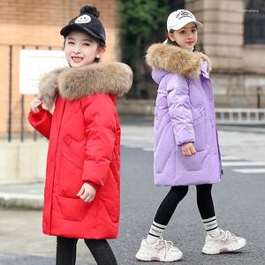 Casaco para baixo 2024 inverno meninas moda pele com capuz jaqueta bebê crianças grosso quente outerwear