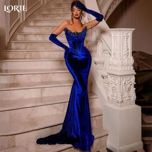 Lorie Royal Blue Mermaid aftonklänningar Täräckade av axel Bodycon veckad promklänning Backless Celebrity Party -klänningar Inga handskar 240201