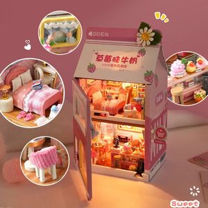 DIY Mini Cake Bedroom Strawberry Banana Milk Dollhouse Miniature Building Kit Toys Kawaii Doll House Födelsedagspresenter för barn 240202