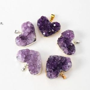 Natural Amethyst Cluster Crystal Pendant Love Gift Chakra Healing Reiki Mineral Quartz Energy Rough Stone Necklace with leather tt1216