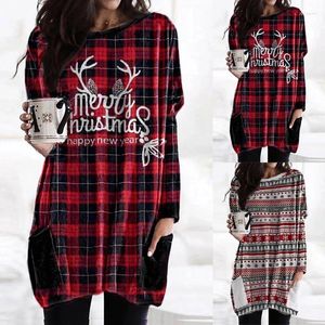 Casual Dresses Autumn Pullover Christmas Elk Dress Woman Streetwear Print Plaid Long Sleeve Robe Elegant Mid Pocket Top Fashion