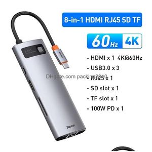 Вилка кабеля питания Baseus 4K 60 Гц Usb C Hub типа к порту Ethernet Pd 100 Вт Адаптер для Book Pro 3 0 Аксессуары для ноутбуков и планшетов 230712 Dhpwc