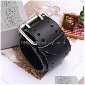 Bangle Double Pin Buckle Belt Motorcycle Wrap Leather Cuff Wide Adjustable Bracelet Wristand For Men Women Fashion Jewelry Drop Deli Dh6Ld