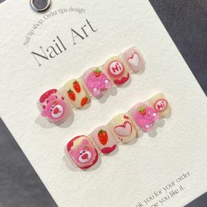 Imprensa bonito artesanal em unhas rosa curto kawaii 3d design reutilizável adesivo unhas falsas acrílico manicure artificial para meninas 240129