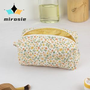 MIROSIE Make-up-Tasche mit Blumenmuster, Gingham-Innenseite, Reise-Hautpflege, gelb, Reißverschlusstasche, Kulturbeutel-Organizer für Schönheit, gesteppte Make-up-Tasche 240125