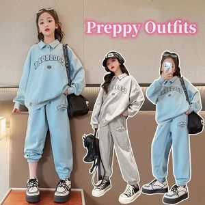 Spring Autumn Girls Cotton Loose Bet Preppy Sweatshirtsweatpant sätter skola barnens träningsdräkt barn jogging outfit 7-16 år 240118