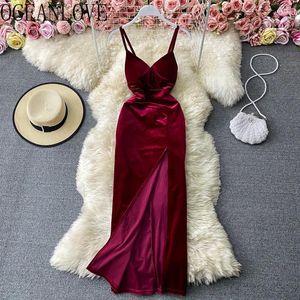 Casual Dresses OceanLove EveVening Party for Women 2024 Velvet Vintage Solid V Neck Sexy Robe Femme A-Line Autumn Winter Vestidos