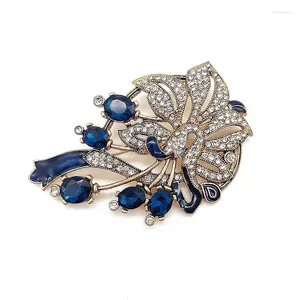 Brooches Vintage Rhinestone Blue Glass Pins Filigree Alloy Accessories For Women's Decoration