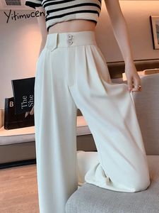 Yitimuceng vita kostymer byxa 2023 bred ben hög midja koreanska mode raka byxor vita bälte elegant casual 240202