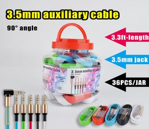 3.5mm aux cable 90° right angle head for speaker o device mp3 mobile phone car radio stereo sound in multi colors 3.3ft wire with plastic jar3990344