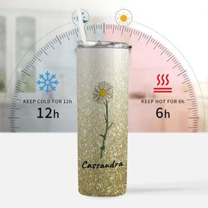 Anpassade tumlar med lockstrån Anpassat namn och födelse månad Flower Water Bottle 304 Rostfritt stål Vakuumkolv Travel Tumbler 240122