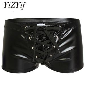 Yizyif Sexig män Boxer Kort fetisch Underkläder Panties Shiny Patent Leather Exotic Drawstring Metallic Boxer Shorts Swimwear Beach 240117