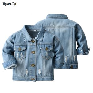 Top und Top Frühling Herbst Kinder Freizeitjacke Mädchen zerrissene Löcher Jeans Mäntel kleine Jungen Mädchen Denim Oberbekleidung Kostüm 12M-6Y 240122