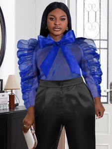 Women See Through Blouse Puff Sleeve Tops Sexy Blue Transparent Loose Casual Evening Night Club Party Shirt Blouse 4XL Plus Size 240202