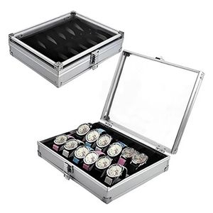 Useful Aluminium Watches Box 12 Grid Slots Jewelry Watches Display Storage Box Square Case Suede Inside Rectangle Watch Holder 240123