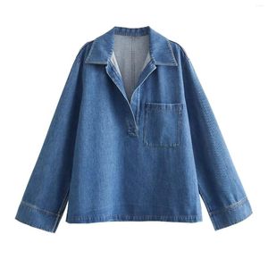 Damenblusen, Streetwear, lockeres Denim-Blusenhemd, Damen-Umlegekragen, lange Drop-Ärmel, Jeansblaues Top