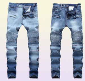 Men039s plissado motociclista calças de brim fino ajuste marca designer motocycle denim calças para masculino em linha reta lavado multi zíper x06213457225