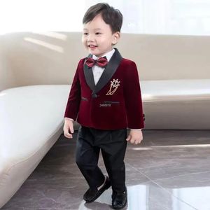 Kids 1 Year Birthday Dress Baby Boys Velvet Blazer Jacket Pants Pograph Suit Children Formal Wedding Performance Evening Wear 240122