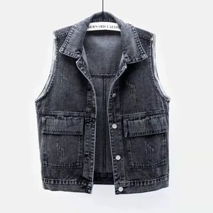 Autumn Spring Loose Short Coat Causal Waistcoats Plus Size Women Denim Vest Fashion Ripped Blue Jeans Jacket Sleeveless TU 240131