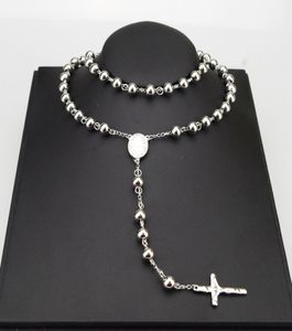 Amumiu 8mm Classic Silver Rosary Beads Chain Religious Katolsk rostfritt stålhalsband Kvinnors mäns grossist HZN0801674257