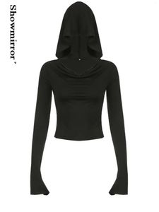 Aufflackernhülse Kapuzen-Crop-Top-T-Shirt Elastisches Langarm-T-Shirt Damen Schwarz Lässiges T-Shirt Lässiger Kragen Hoodies Pullover 240124