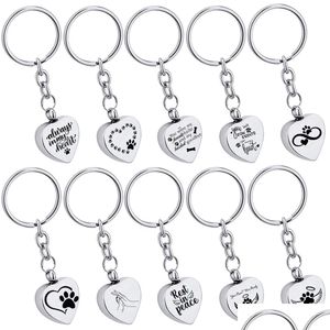 Nyckelringar Hjärtgravering Pendant Chain Cremation Urn Ring Memorial Human Pet Ashes Keepsake Ornaments smycken för män Kvinnor Drop Del Otyob