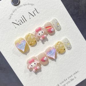 Handgefertigte rosa künstliche Nägel, kurzes japanisches süßes Design, wiederverwendbar, selbstklebend, künstliche Nägel, Acryl, vollständige Nagelspitzen für Mädchen, Nagelkunst, 240129